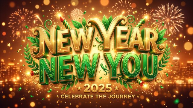 Vibrant new year 2025 celebration with golden green text with sparkling particles against warm golden backdrop illuminated text surrounded fireworks