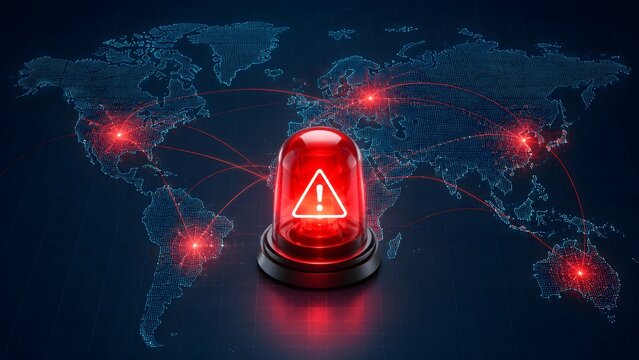 Glowing red warning siren placed on a digital world map with connected red threat points indicating a global cybersecurity emergency.