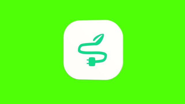 3D animated leaf and plug connection icon on a white rounded card with a green screen background. Smooth loop motion, perfect for UI, bio energy, and video editing elements.