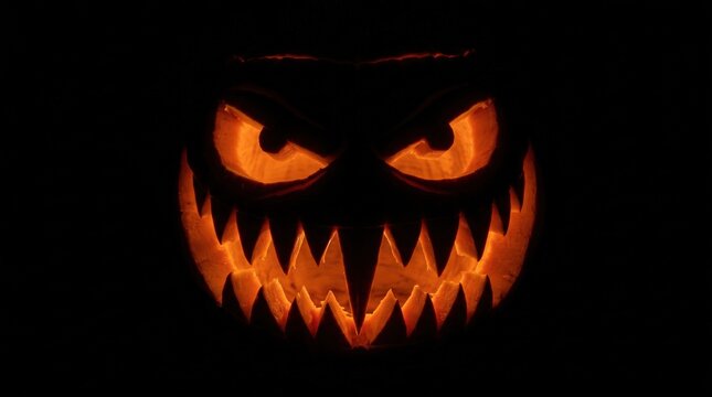 Jack o lantern for halloween isolated on black background, with a menacing carved face and intensely glowing orange eyes, captured in a dark, spooky shot.