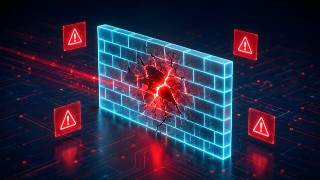 Glowing digital firewall being shattered by a cyber attack with red warning alerts representing a critical data breach and security failure.