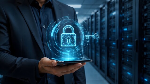 IT administrator in a data center holding a smartphone projecting a glowing holographic lock and key representing secure server network access.
