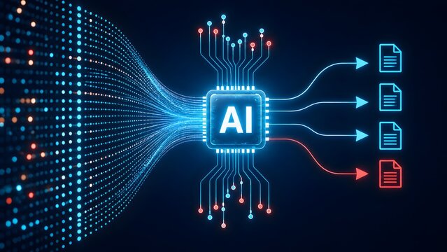 Glowing artificial intelligence microchip processing a continuous stream of digital data into organized files and automated documents.