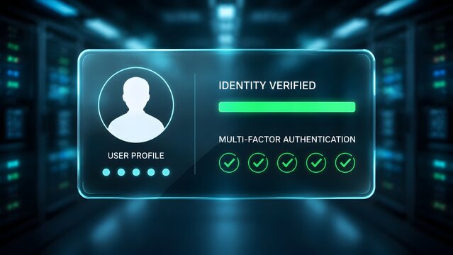 Holographic digital display inside a server room showing a successfully verified user profile with multi-factor authentication completion.