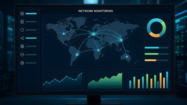 Digital network monitoring dashboard displaying a global map with connected secure points alongside data analytics charts and server metrics.