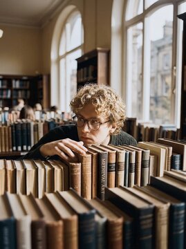 Young man with curly hair and glasses reads books in library studying for academic research
