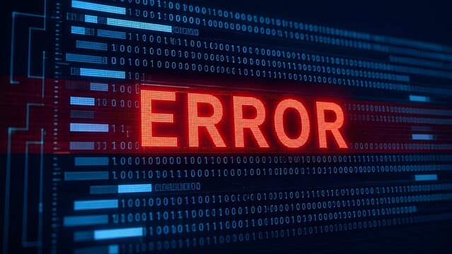 Glowing red error message displayed on a digital screen filled with blue binary code representing a critical software failure or system crash.