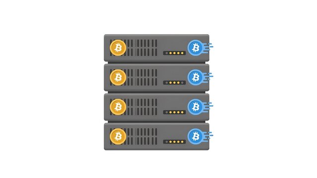 Illustration of four network servers connected with Bitcoin symbols representing digital currency mining or blockchain technology