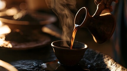 Fototapeta premium Clay jebena pouring fresh Ethiopian coffee