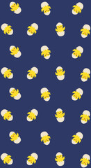 seamless pattern with chicken. Yellow chicks peek from white eggshells against navy blue © BigEyes
