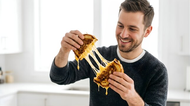 Happy man pulling apart a grilled cheese sandwich in a bright kitchen