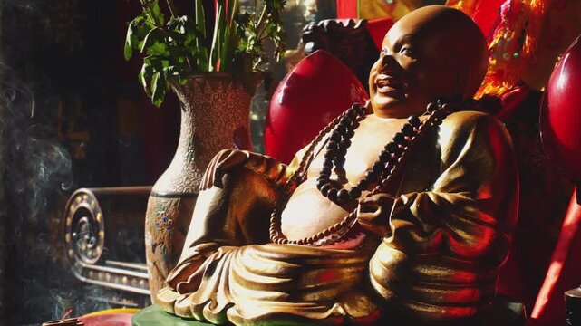 A golden Buddha statue adorned with dark beads smiles peacefully inside a Vietnamese temple shrine, surrounded by vibrant flowers, red spheres, and colorful fabrics.