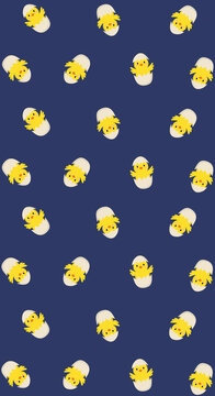 seamless pattern with chicken. Yellow chicks peek from white eggshells against navy blue