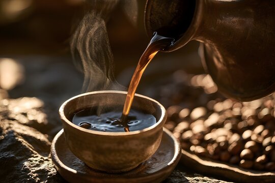 Dark coffee poured from a traditional jebena