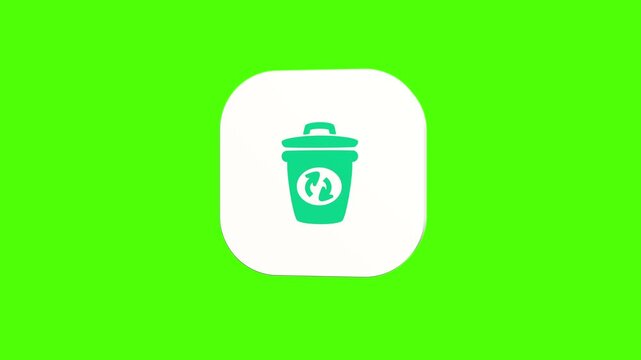 3D animated green recycling bin icon on a white rounded card with a green screen background. Smooth loop motion, perfect for UI, waste management, and video editing elements.