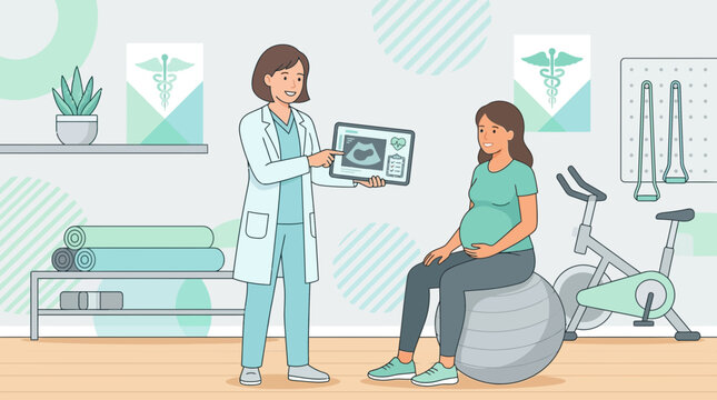 Doctor showing ultrasound to pregnant woman in wellness center