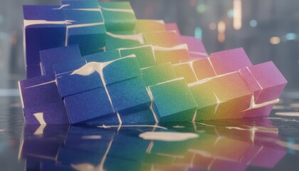 Obraz premium Rainbow colored textured blocks with dripping white paint are arranged in a stepped formation, creating a vibrant abstract composition on a wet, reflective surface