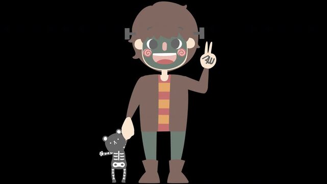 animated video happy halloween holiday festival with frankenstein holding skeleton teddy bear, overlay transparent prores 4444 4K