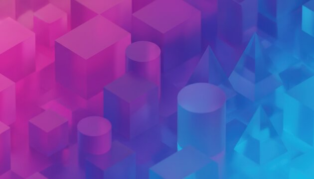 Abstract 3D geometric shapes including cubes, cylinders, and pyramids arranged in a dense isometric pattern with vibrant pink and blue gradient lighting creating a futuristic mood