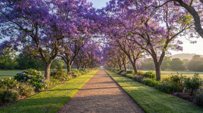 Avenue of purple jacaranda trees over a walkway.