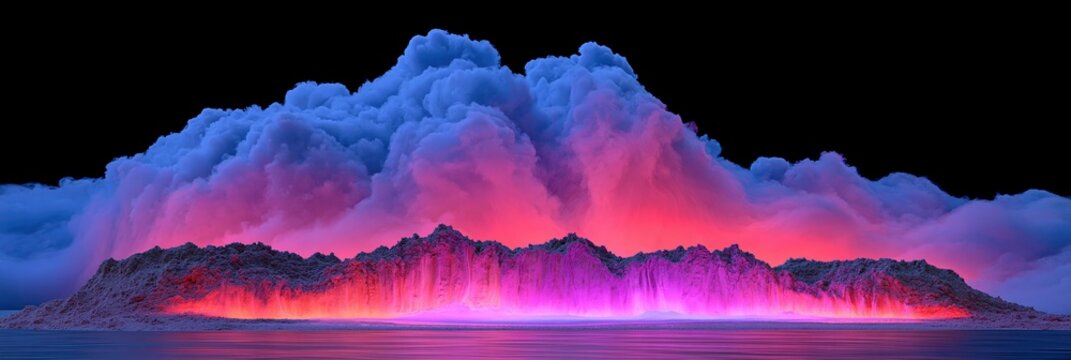 Surreal landscape with glowing mountains and dramatic blue and pink clouds against a black sky