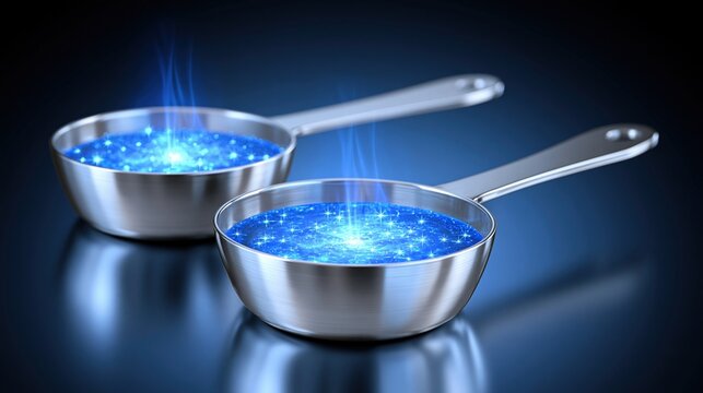 Two metal measuring cups filled with glowing blue liquid and sparkling particles, emitting light beams