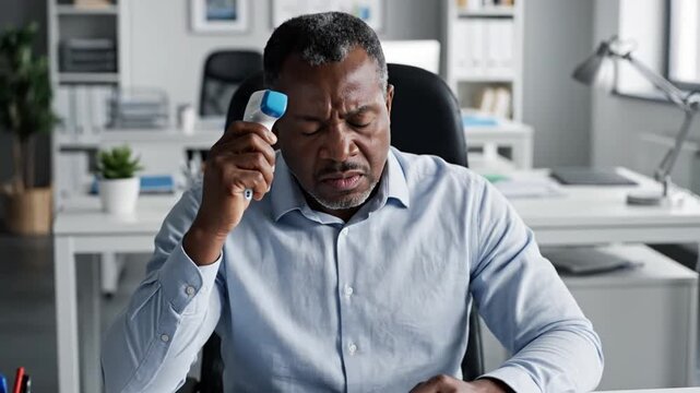 Man Takes Temperature With Forehead Thermometer In Office Setting