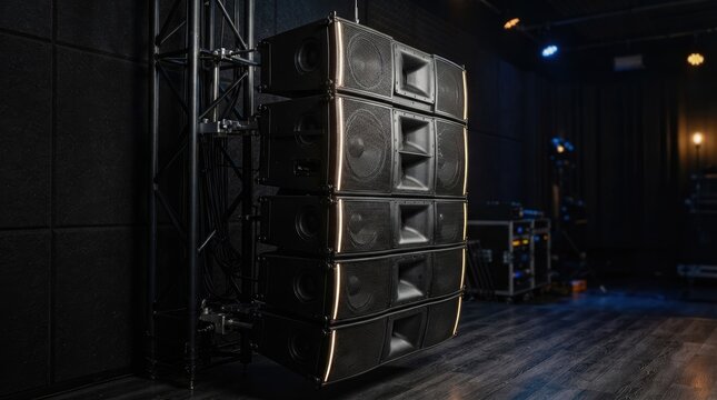 Black professional line array speaker stack in venue.