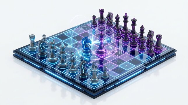 Futuristic glowing chess set on dark surface.