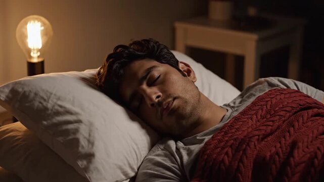 Peaceful Sleep At Night Peaceful Sleeping Man Under Red Blanket With Vintage Lamp Light