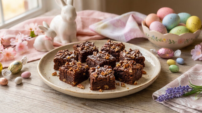 Delicious chocolate brownies topped with nuts served on a ceramic plate, beautifully decorated with colorful Easter eggs, white bunnies, and spring flowers on table.