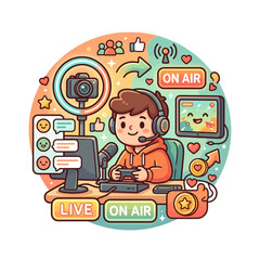 Fototapeta premium Cute cartoon boy gamer streaming live content with professional setup and social media icons in circular layout