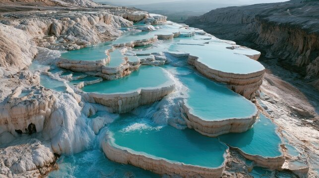 Travertine basins create a natural stepped landscape filled with vibrant blue water.