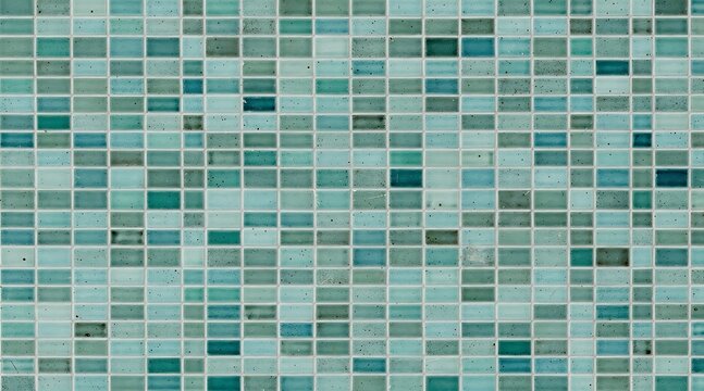 Abstract mosaic pattern of small square tiles in shades of blue and green.