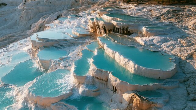 Travertine pools overflow with mineral-rich water across a white limestone hillside.