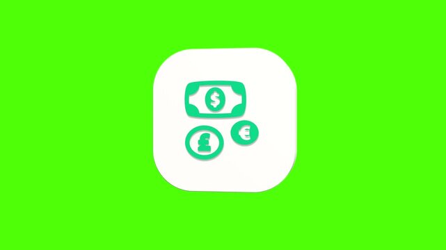 3D animated currency exchange icon on a white rounded card with a green screen background. Smooth loop motion, perfect for mobile app UI, forex market, and video editing elements.