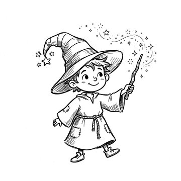 Cute little wizard boy holding a magic wand with stars black and white sketch illustration