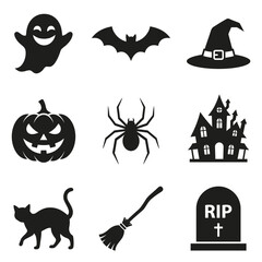 Fototapeta premium Halloween Icons and Symbols. Vector Collection of Witch Hat, Cat, Ghost, Bat, Pumpkin, Spider, Castle, Tombstone. Holiday Background Design Elements isolated on White Background Halloween