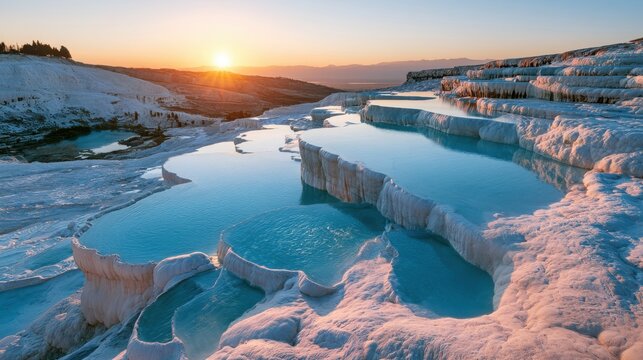 Travertine terraces form natural pools filled with turquoise mineral water at sunset in a famous geothermal landscape.