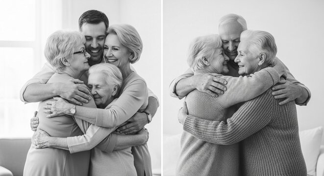 A heartwarming black and white portrait of a multi-generational family sharing a loving embrace
