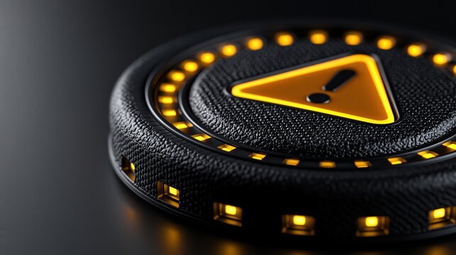 A close-up view of a warning button with a yellow triangle on a black background