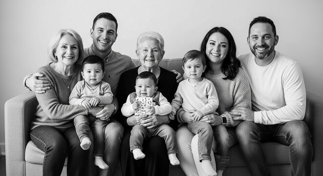 A Multi-Generational Family Portrait Sitting Together on a Couch in Monochrome