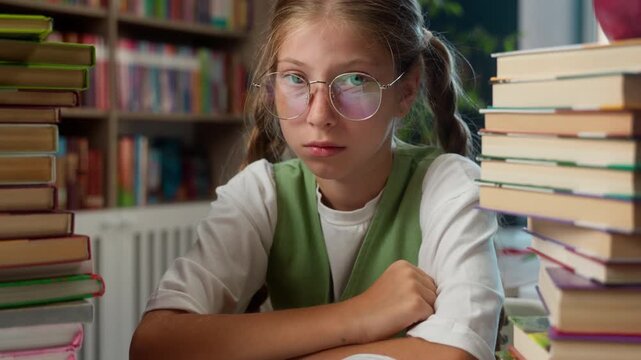 Stressful worried tired Caucasian little girl child in glasses looking at camera with bad learning result hard homework education problem study knowledge trouble in school kid pupil studying stress