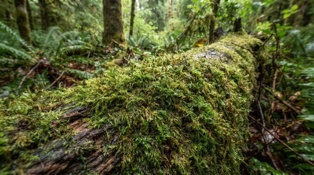 A fallen log covered in vibrant green moss in a lush forest. The scene depicts the beauty of nature's decay and rebirth, with ferns and trees surrounding the mossy log