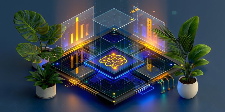 Isometric microchip with glowing brain icon and data charts surrounded by green plants symbolizing sustainable artificial intelligence technology