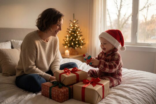 Cozy Christmas morning scene of a mother and toddler opening presents together with joy and laughter by a glowing Christmas tree.
