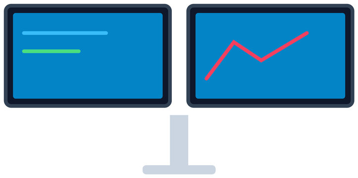 Dual monitor setup displaying data and charts