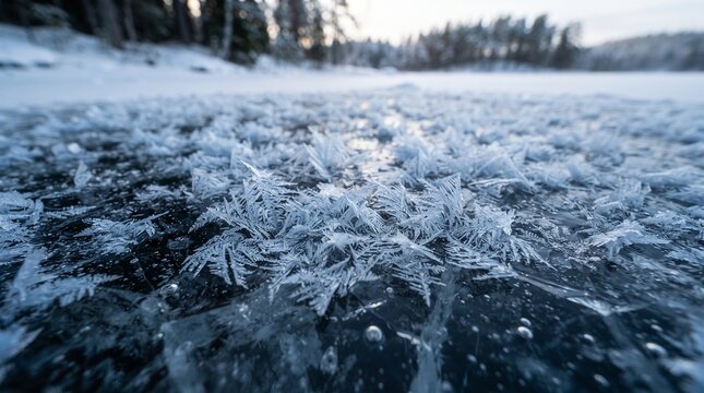 Close-up of ice crystals forming on a frozen surface, with a blurred background of snow-covered trees and a hint of sunlight
