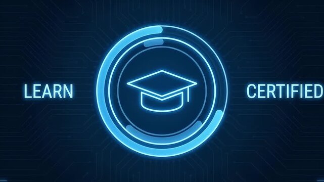 Digital education and learning concept featuring glowing graduation cap icon, certificate achievement, and futuristic blue technology interface symbolizing online course success