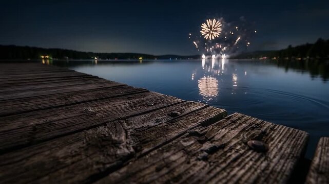 Fireworks light up night sky over calm lake water reflecting colorful lights near wooden dock creating peaceful outdoor celebration with festive atmosphere and reflection
